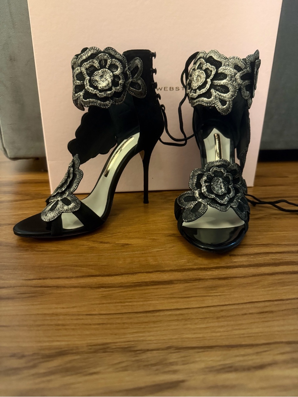 Sophia Webster Black and Gold Suede Floral Lace-Up Stiletto Sandals 38.5